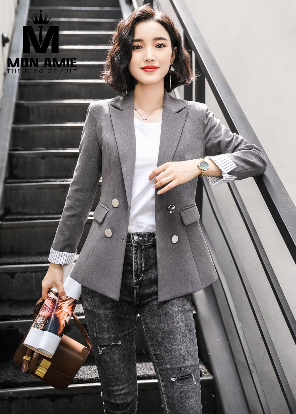 Grey Double Breasted Business Blazer 